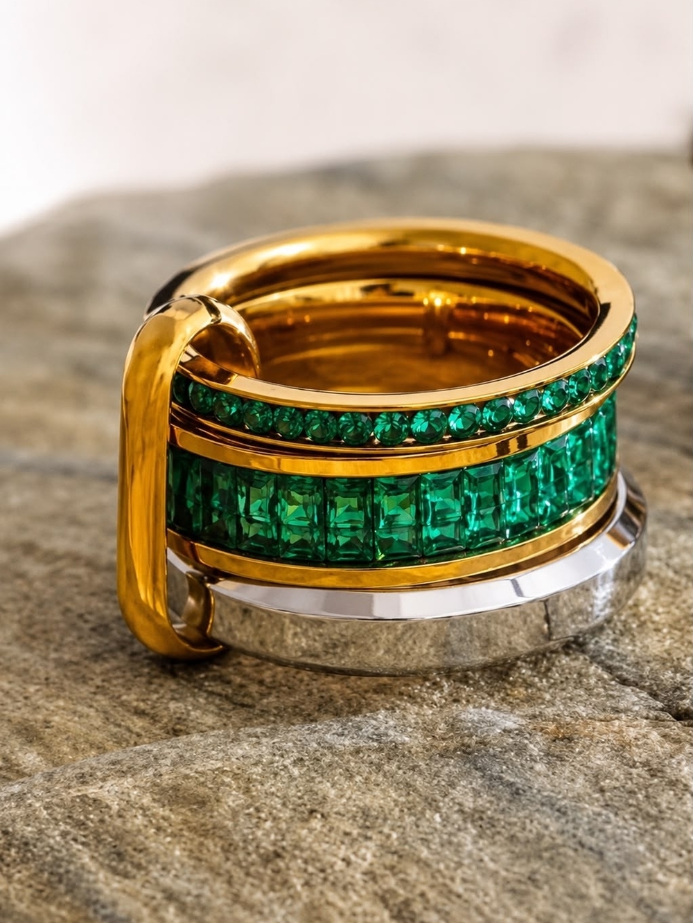 Gold & Silver Tone Ring with Emerald Green Stones